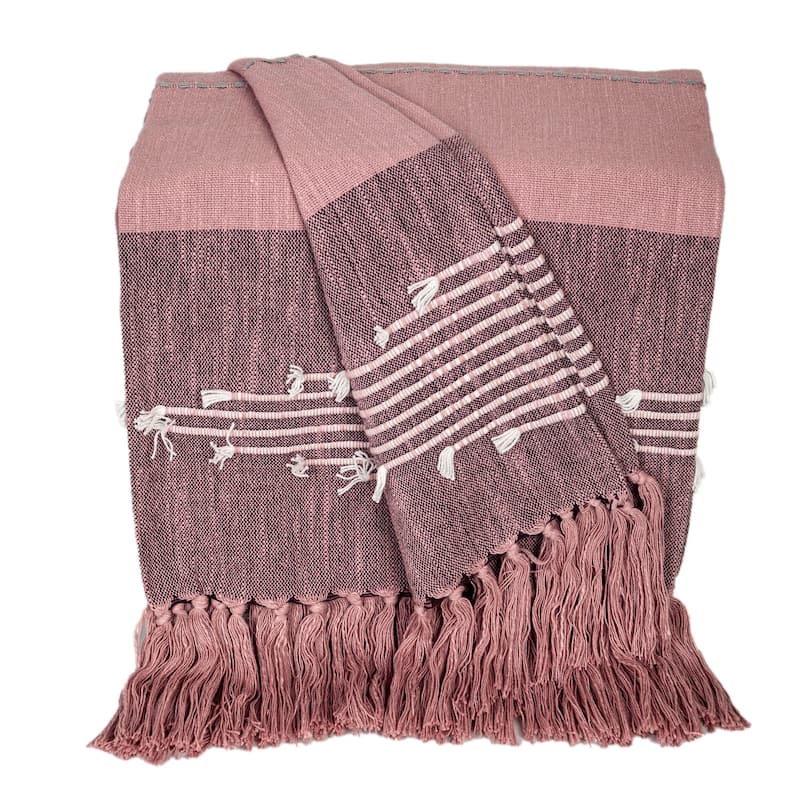 HomeRoots 50" X 60" Pink Woven Cotton Striped Throw Blanket with Tassels and Embroidery