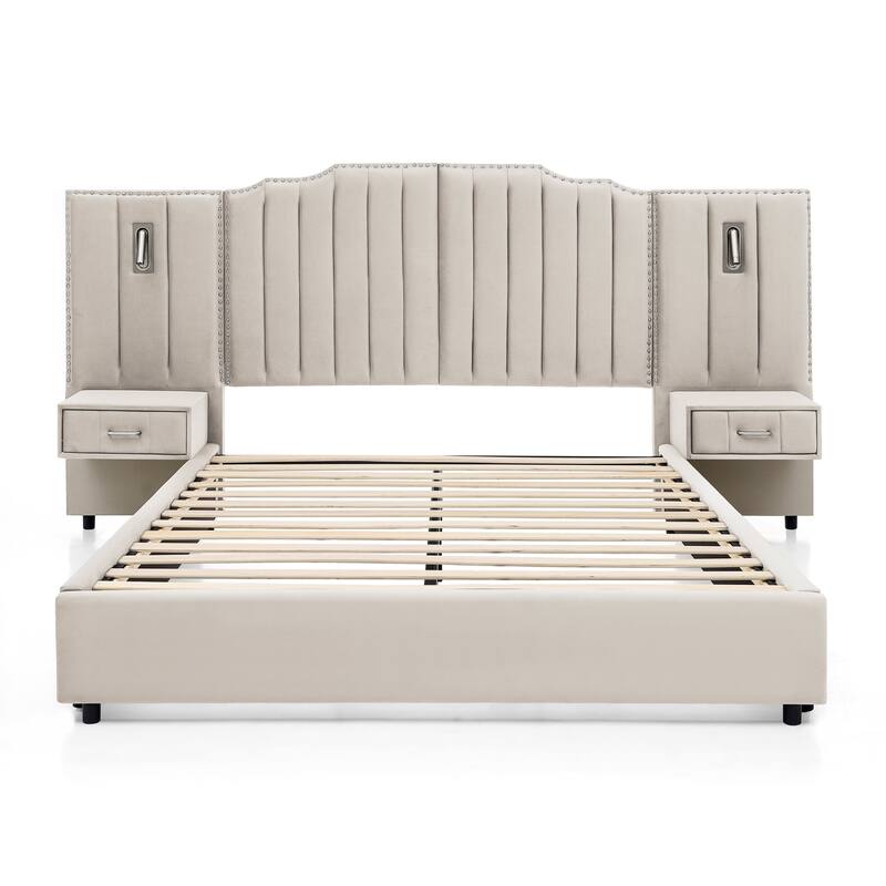 Upholstered Bed, Vertical Stripe Buttons Design Wingback Bed Frame, Velvet Fabric Platform Bed with Bedside Table