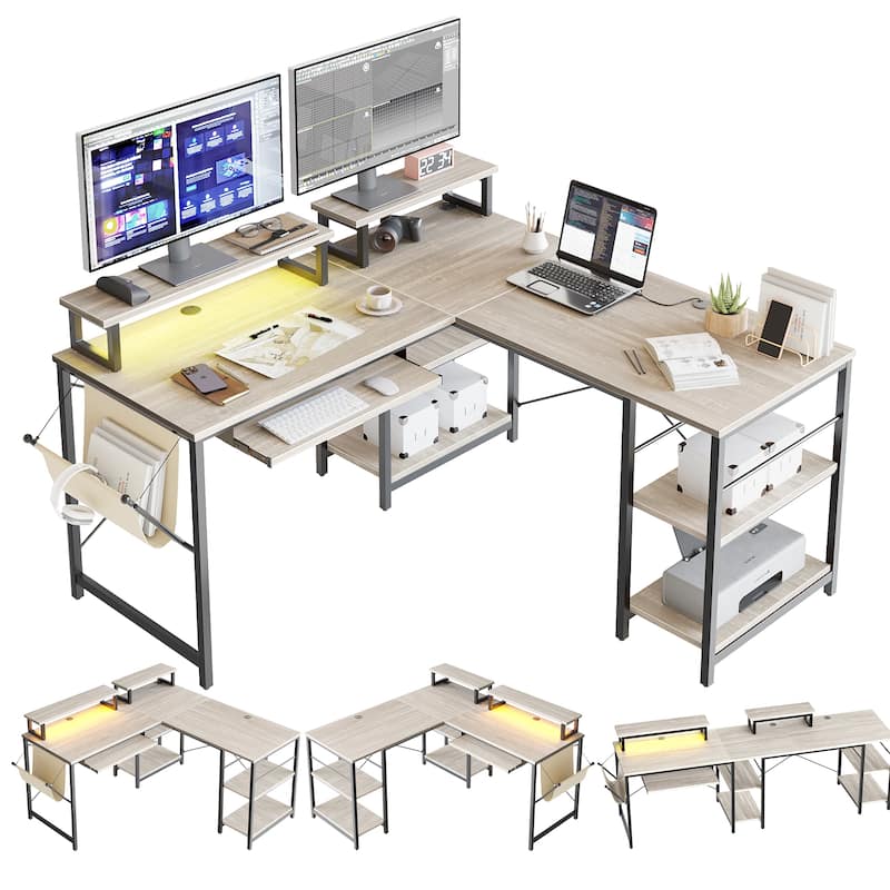 L Shaped Desk LED 95.2 Inch Computer Corner Desk with Keyboard Tray Monitor Stand - White Wash