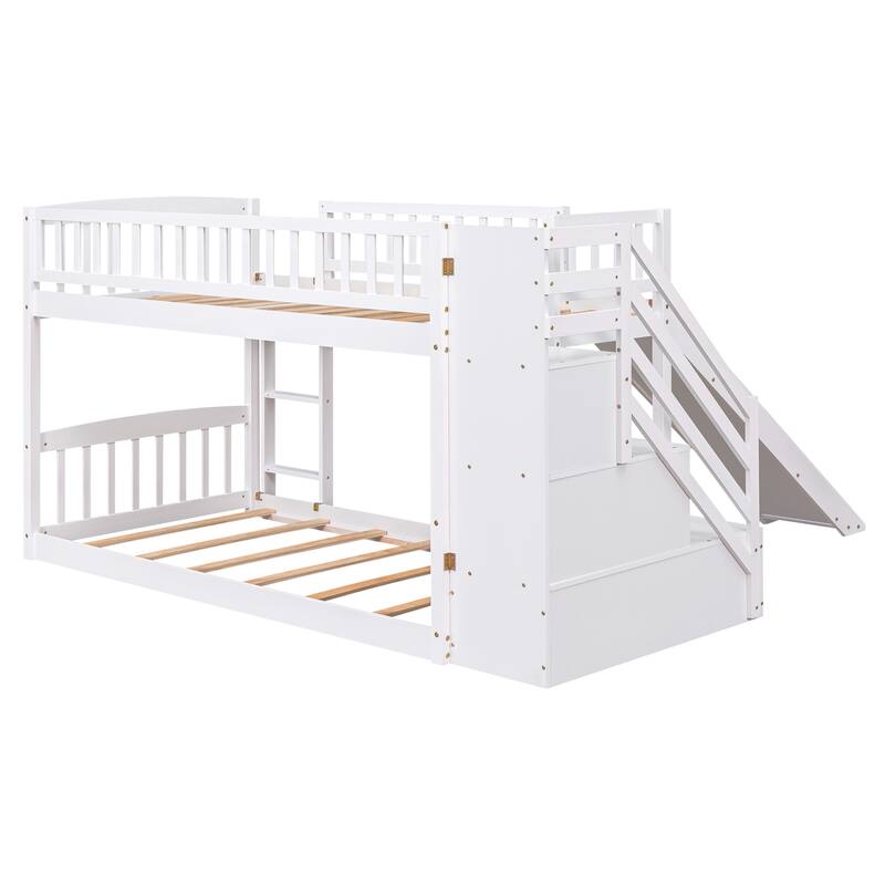 Twin over Twin Bunk Bed with Drawers, Slide and Stairs, White - No Box Spring Needed
