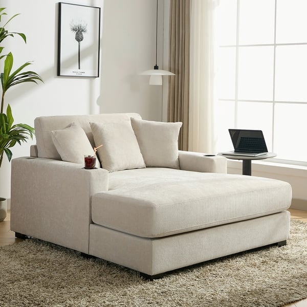 slide 2 of 60, Modern Style Chaise Lounger Sofa Couch ,with Pillows, Charge Station & Cup Holders