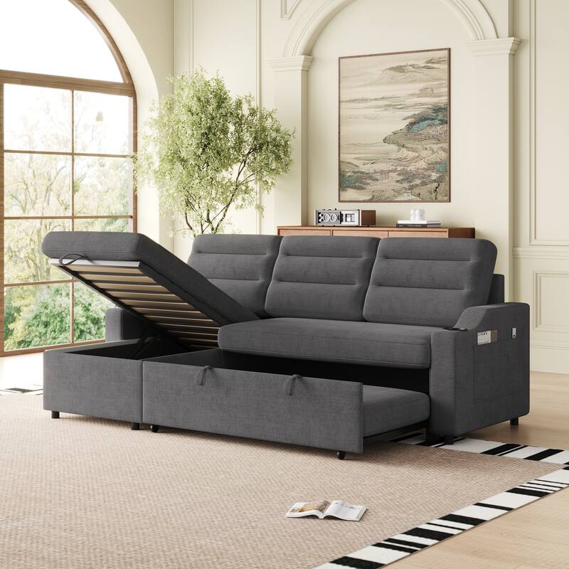 83.5-Inch Convertible Sofa Bed - Stylish Polyester Recliner with Storage for Small Spaces