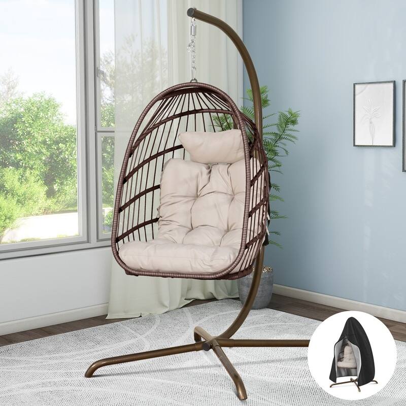 FINCATI Indoor Egg Swing Chair with Stand, 350 lbs Hanging Egg Chair with Stand, Outdoor Patio Wicker Hammock with Stand