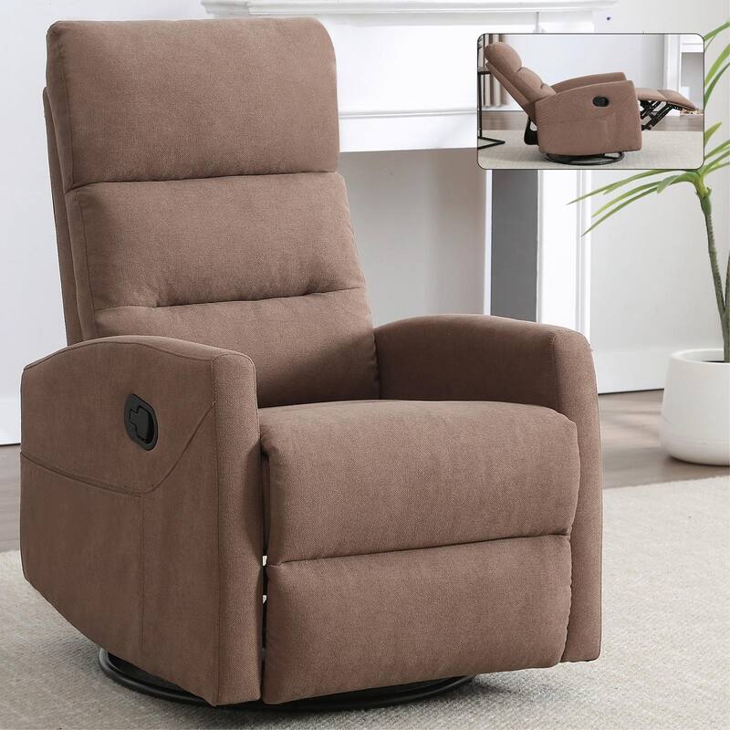 Manual Recliner Chair with Rocker and Swivel in Fabric for Living Room - Brown
