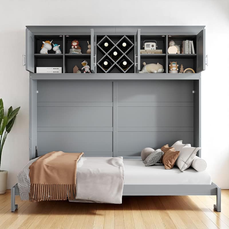 Queen Murphy Bed with Upper Cabinets and Wine Rack, Space-Saving Foldable Wall Bed with Slats
