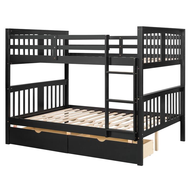 Roomfitters Full Over Full Bunk Bed with Drawers and Ladder, Solid Wood Frame for Bedroom or Guest Room
