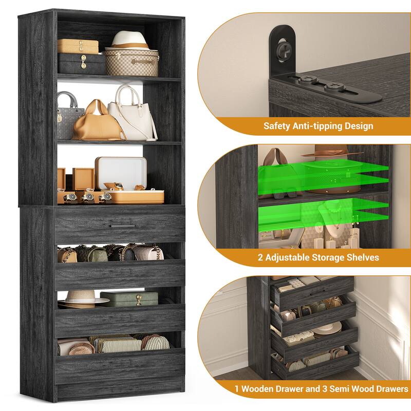 21.3" Storage Cabinet Bookshelf with Charging Station and 3 Wood Drawers, Freestanding Closet System with Storage Shelves