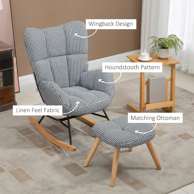 HOMCOM Glider Rocker with Ottoman Set, Houndstooth Nursery Rocking Chair, Upholstered Wingback Armchair