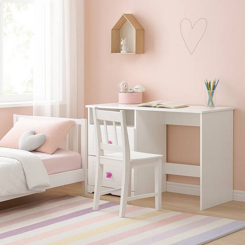 Wooden Table Desk with 2 Drawers and 1 Open Compartment, White