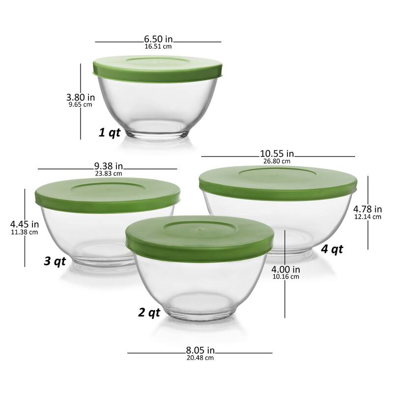 Libbey Baker's Basics 4-Piece Glass Mixing Bowl Set with Plastic Lids, Multi-Size