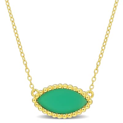 Miadora 3ct TGW Marquise Green Chalcedony Necklace Beaded Halo Yellow Silver