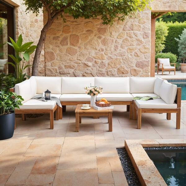 Furniwell Acacia Wood Patio Conversation Set Rope Woven Outdoor Sectional Sofa with Table and Cream Cushions