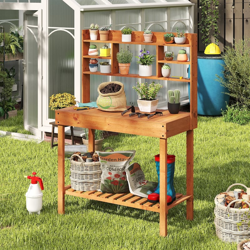 Fir Wood Outdoor Potting Bench Table with Flip Top Hidden Storage and Shelves Brown and Natural Garden Workstation