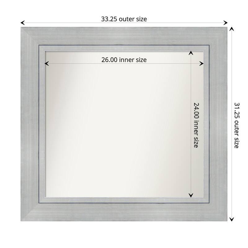 Romano Silver Framed Non-Beveled Custom Wall Mirror, Bathroom Vanity Mirror - Outer Size: 33.25 x 31.25
