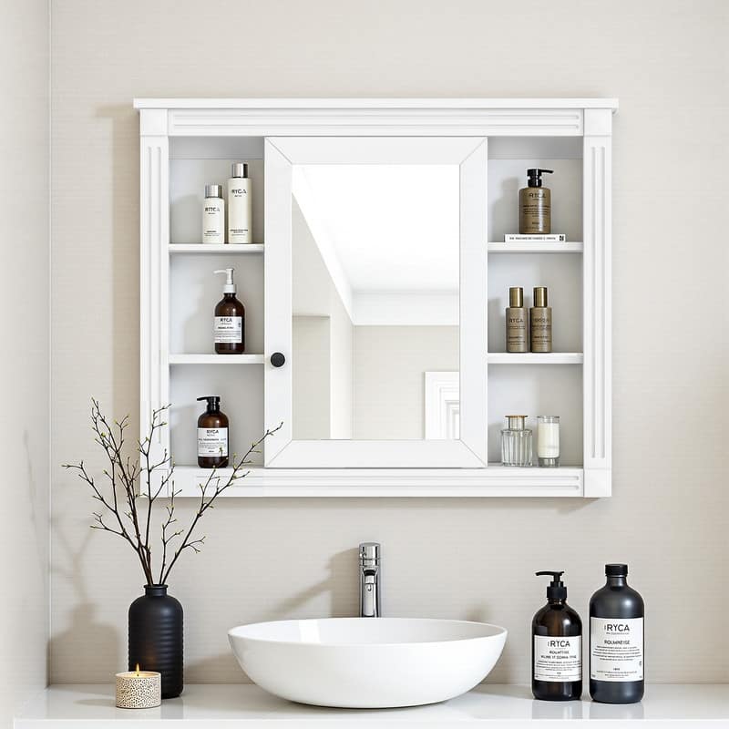 35" x 28" Wall-Mounted Medicine Cabinet, Modern Bathroom Mirror Storage Cabinet with 6 Open Shelves