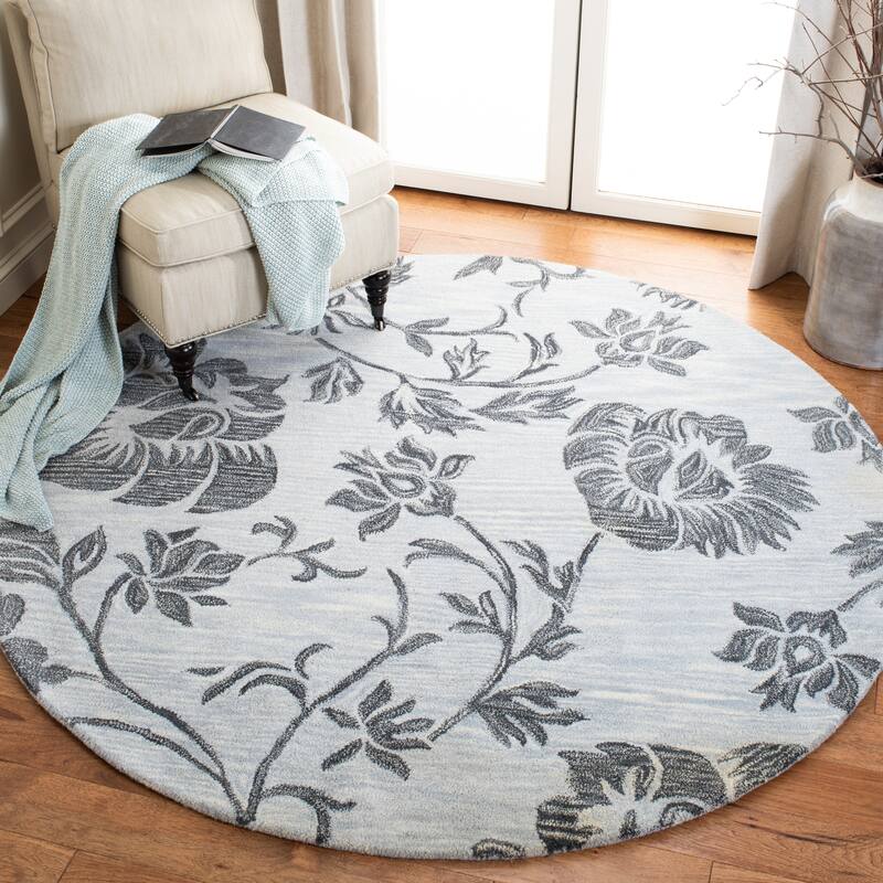SAFAVIEH Handmade Soho Mallory Floral N.Z. Wool Rug - 6' Round - Grey/Black