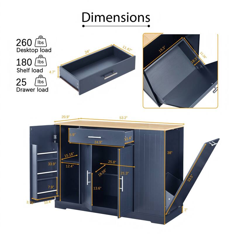 53" Modern Farmhouse Kitchen Island with Drawer, Tilt-Out Trash Can Storage, Adjustable Shelves & Spice Rack for Kitchen