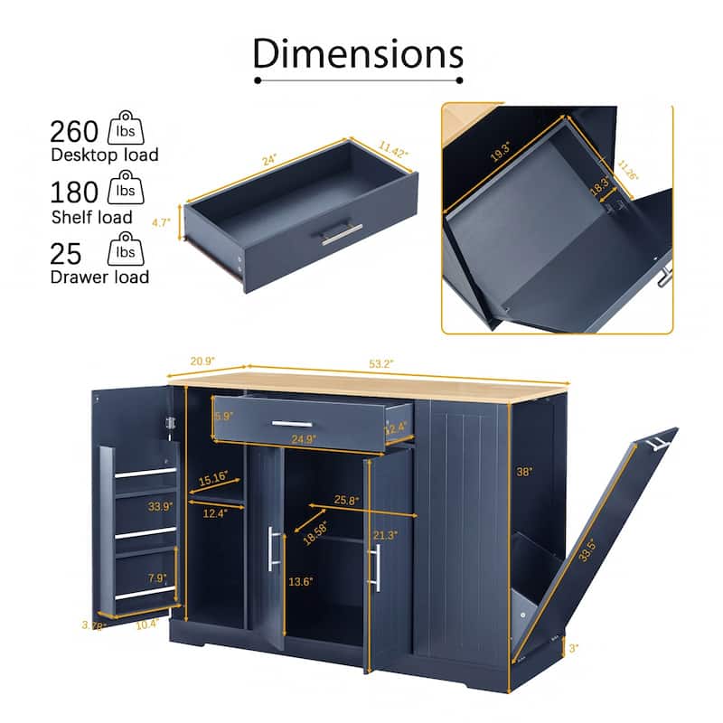 Modern Farmhouse Kitchen Island with Trash Can, 1 Drawer, 1 Barn Door Spice Rack and Adjustable Shelves, for Kitchen