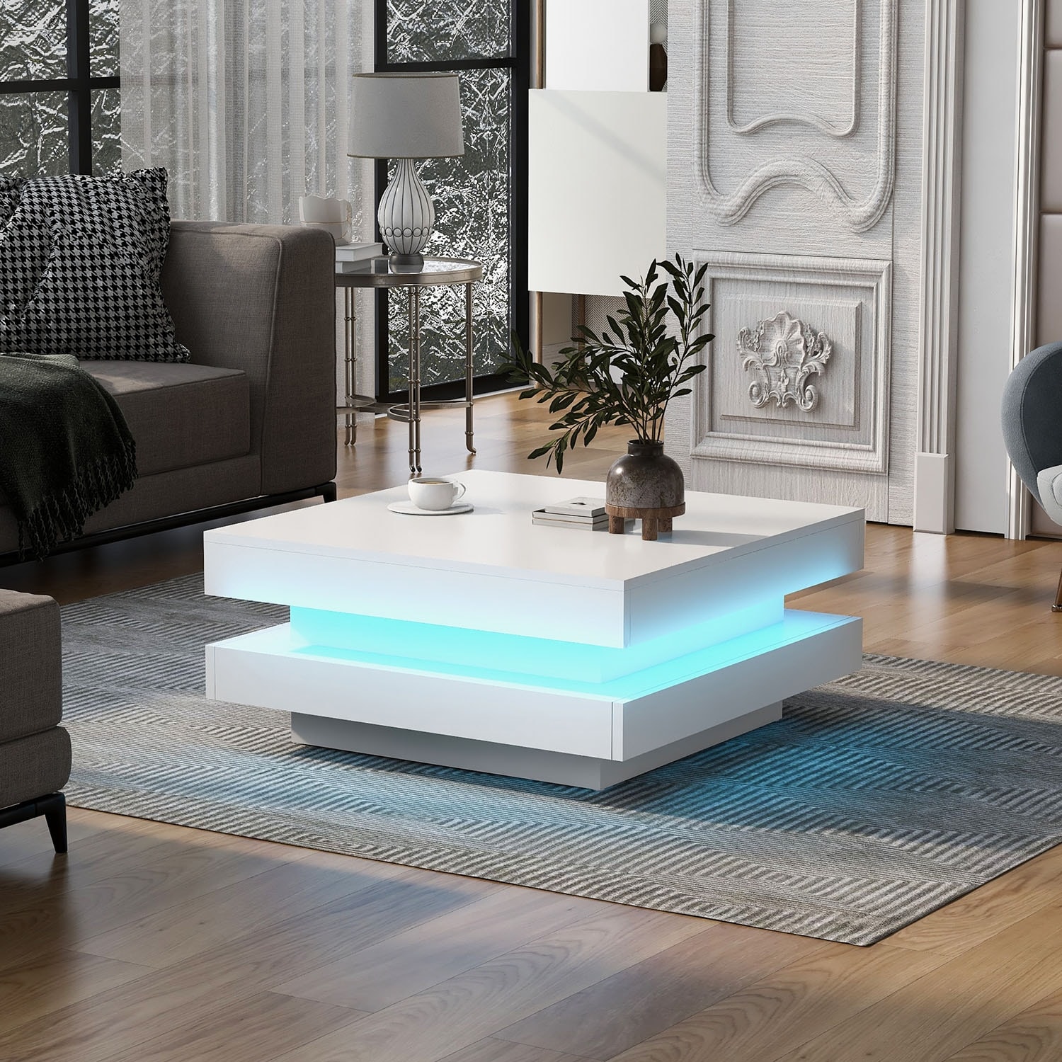 High Gloss Minimalist Design Coffee Table with 16 Colors LED Lighting Black