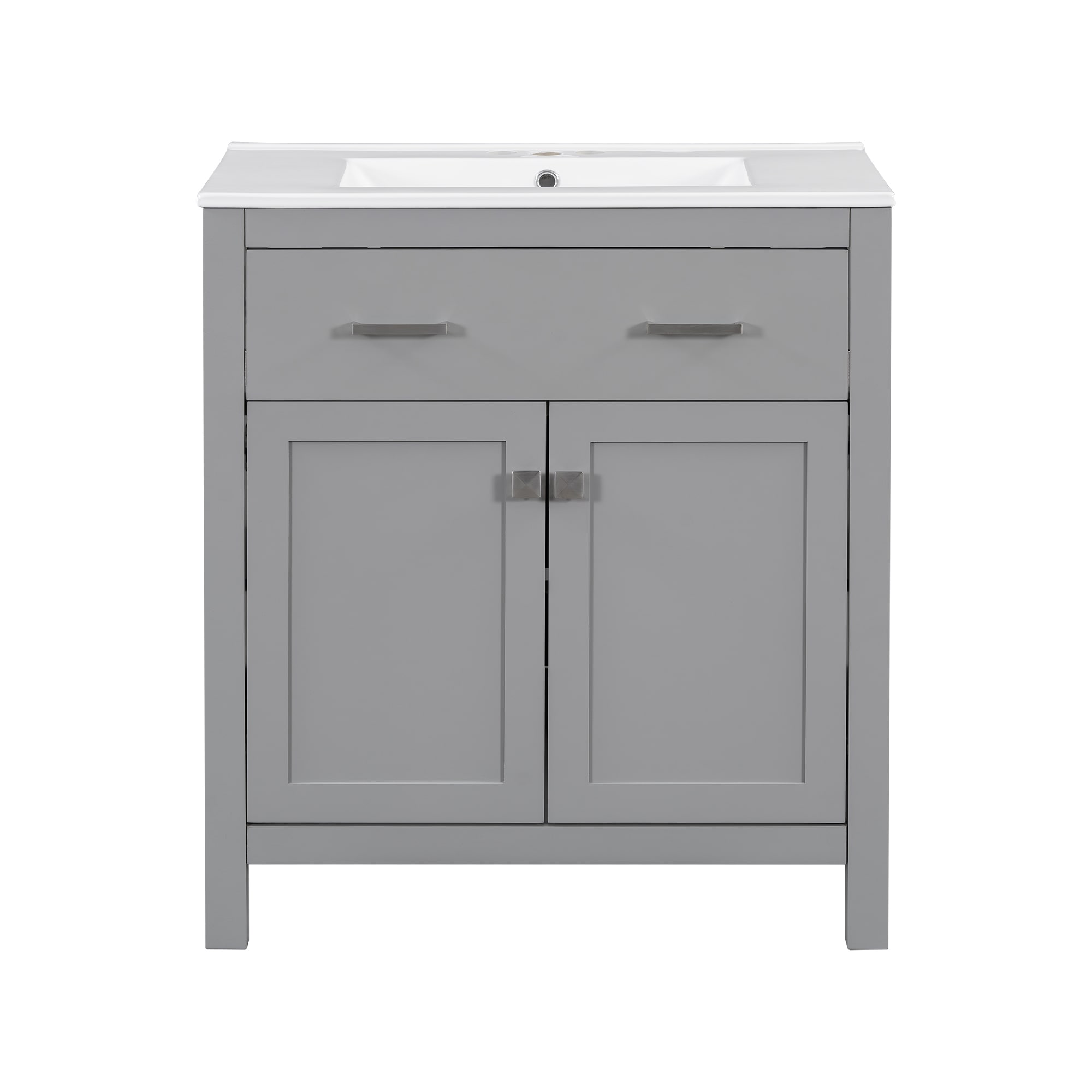 30"/60" Freestanding Bathroom Vanity with Ceramic Top Sink, Solid Wood Bathroom Storage Cabinet with Soft Closing Doors