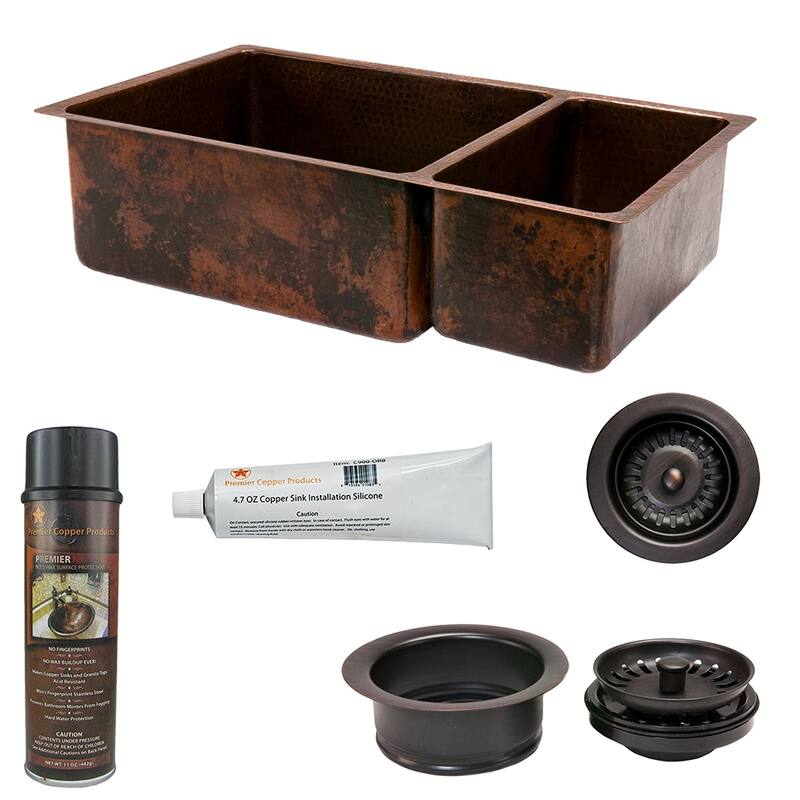 33-in Hammered Copper Kitchen 75/25 Double Basin Sink with Matching Drains, and Accessories (KSP3_K75DB33199)
