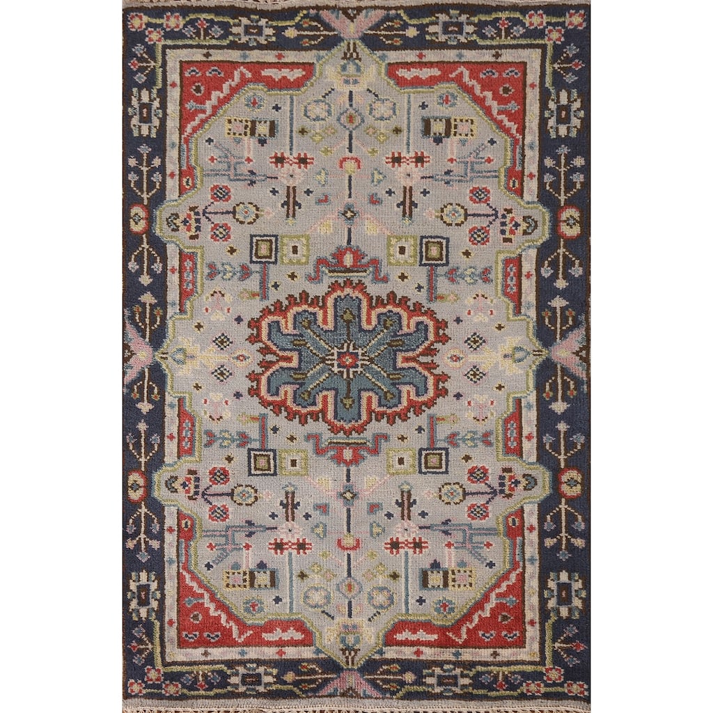Grey Geometric Kazak Indian Rug Handmade Wool Carpet - 3'0"x 4'10"
