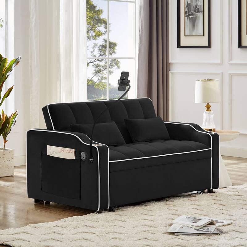 Versatile Foldable Sofa Bed in Black, Adjustable Back, USB Port, Phone Stand