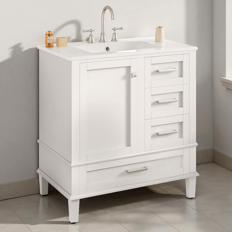 30" Modern Bathroom Vanity with Ceramic Sink, Solid Wood Frame, 1 Door & 3 Soft-Close Drawers, Freestanding - White