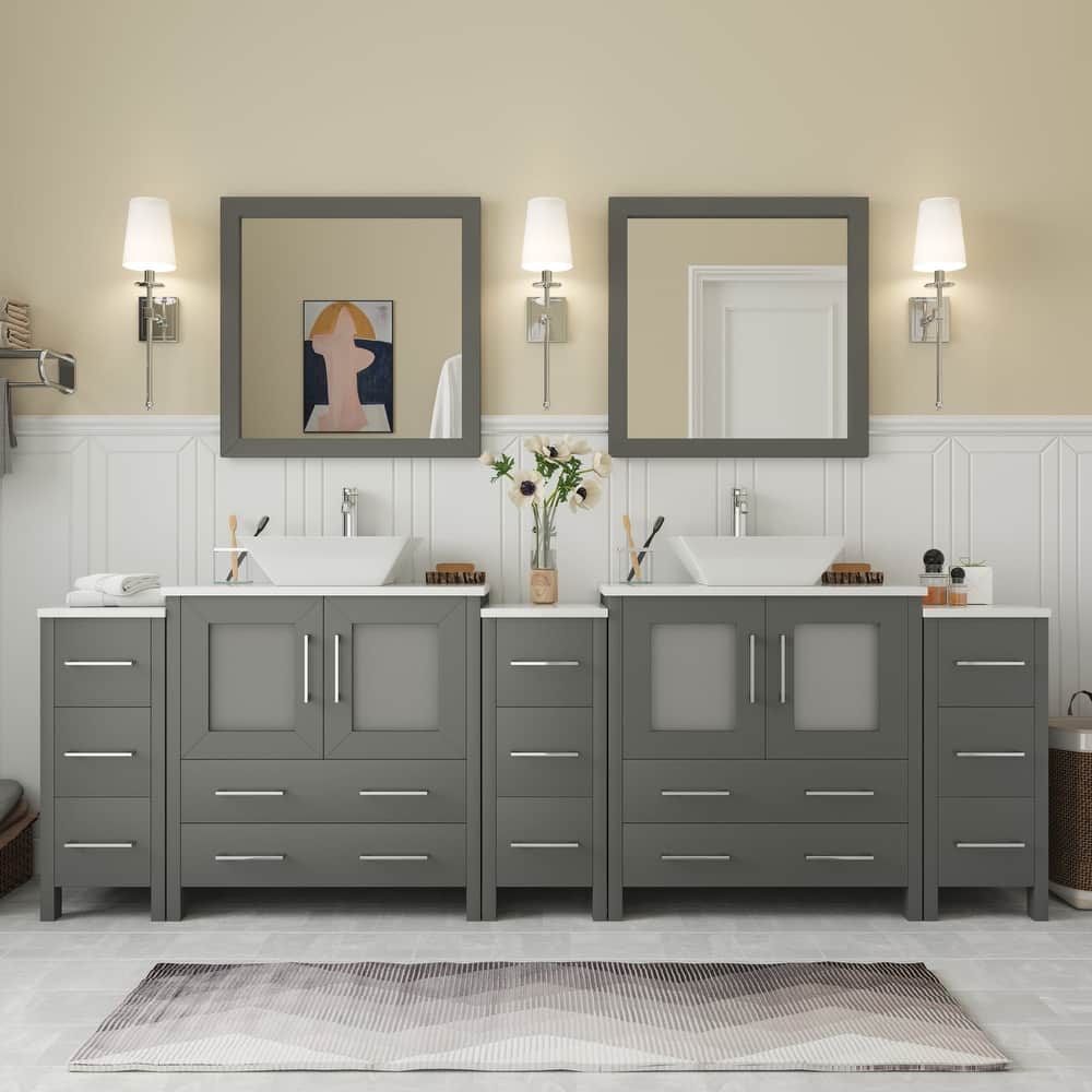 Vanity Art 96-inch Double Sink Bathroom Vanity Set with Engineered Marble Top and Free Mirror - 96 x 18.5 x 36 Inches