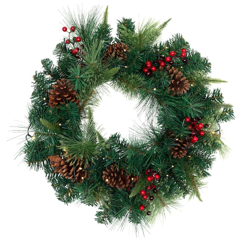 B/O Mixed Pine Berries Christmas Wreath 24" Warm White LED