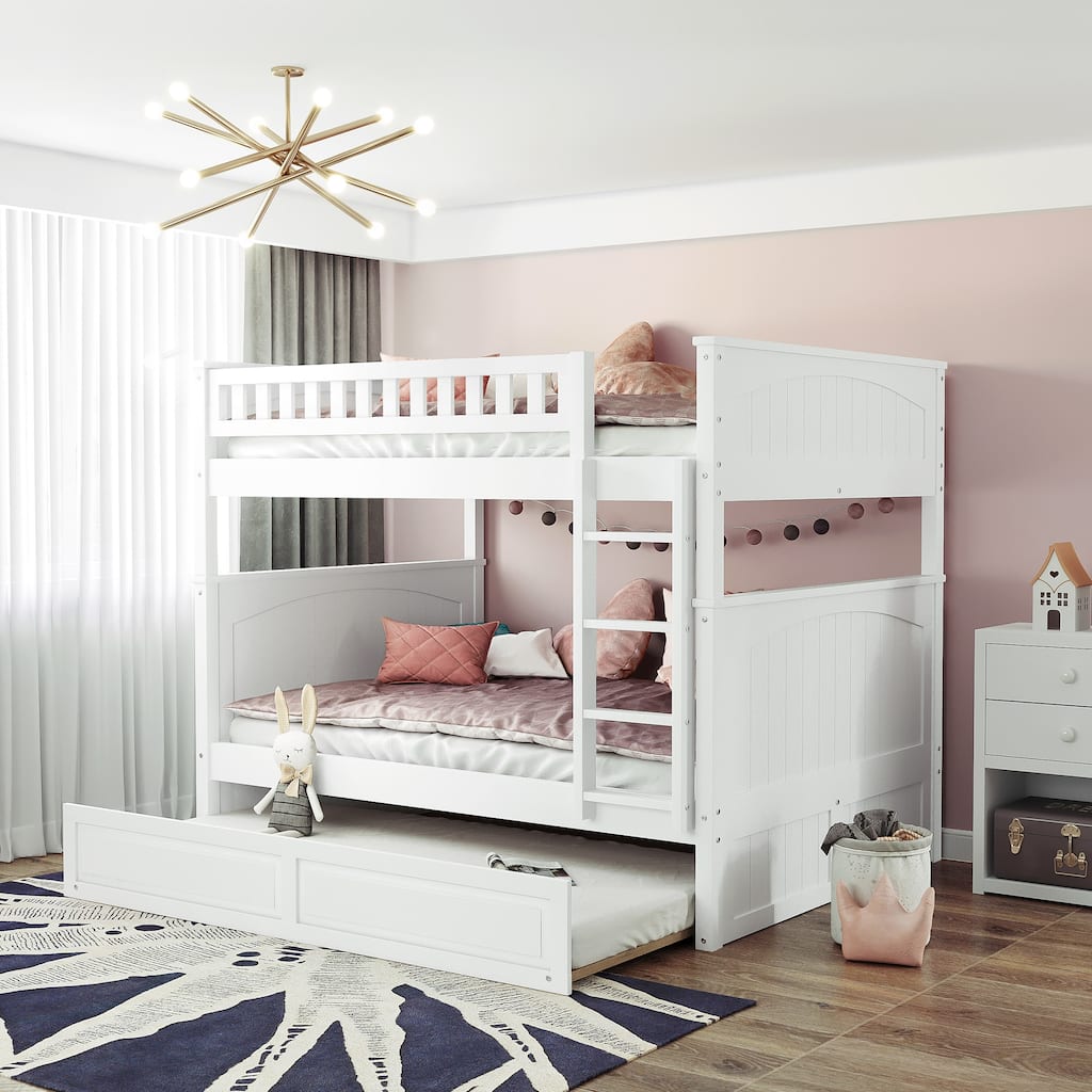 Full Over Full Bunk Bed with Twin Trundle, Pine Wood Construction, Brushed Gray Finish