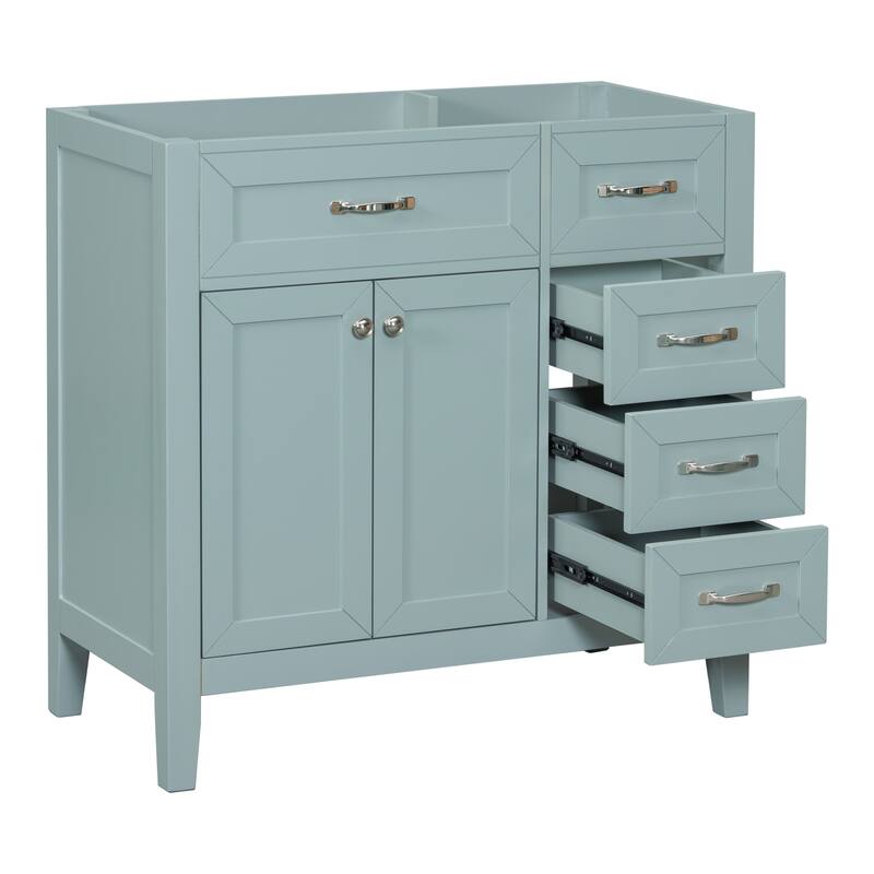 36" Modern White Bathroom Vanity Cabinet Base, 2 Doors & 3 Drawers, Solid Rubber Wood & MDF