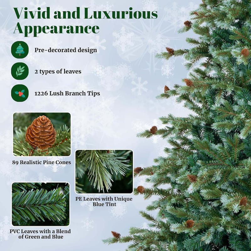 6/7/8 FT Pre-Lit Christmas Tree Artificial Xmas Tree w/ Pine Cones