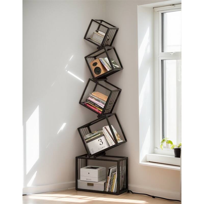 Modern Corner Bookshelf Floor Shelf Wrought Iron Display Rack(Bear Weight:35kg)