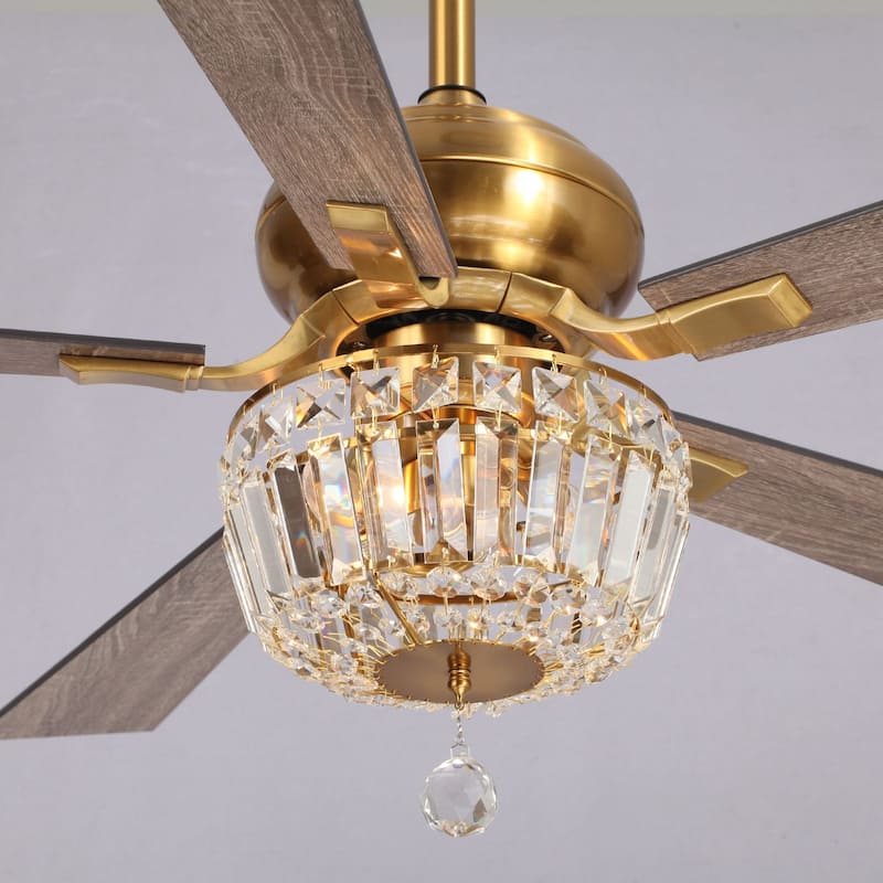 52-inch Brush Gold Wood 5-Blade Crystal LED Ceiling Fan with Remote