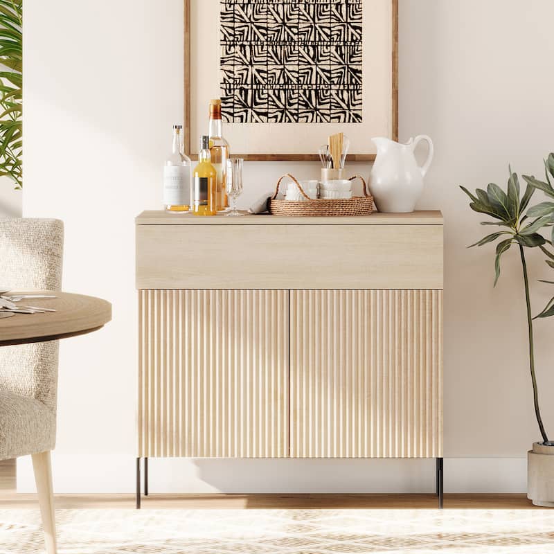 31.5" Wooden Reeded Sideboard With Doors And Drawer, Modern Credenza Storage Cabinet - 1PC - Beige