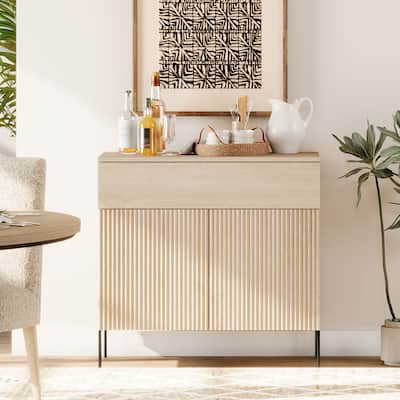 31.5" Wooden Reeded Sideboard With Doors And Drawer, Modern Credenza Storage Cabinet