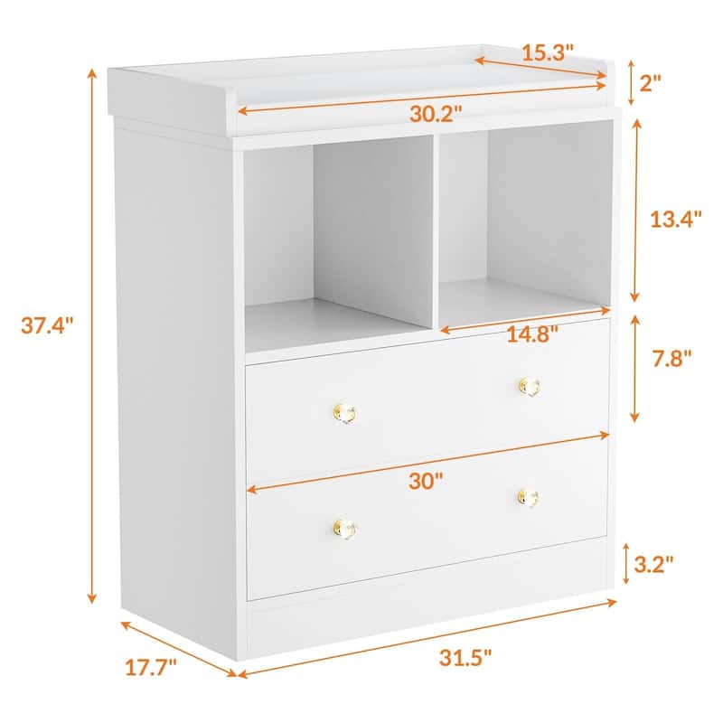 Baby Changing Table with Pad, 2 Drawers and 2 Open Compartments for Nursery Room