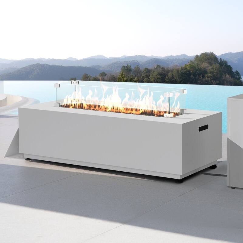 Outdoor Propane Fire Pit Table, 50,000 BTU Rectangular Steel Gas Fireplace with Wind Guard, Hidden Tank for Patio & Backyard - Grey