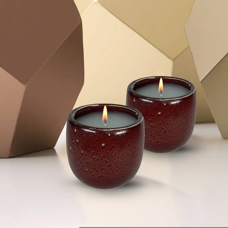Red Glazed Ceramic Candle Jar Set of Two 6 oz Elegant Aria Design