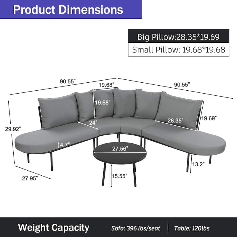 Patio All Weather Half- Moon Curved Furniture Sofa Set with Coffee Table