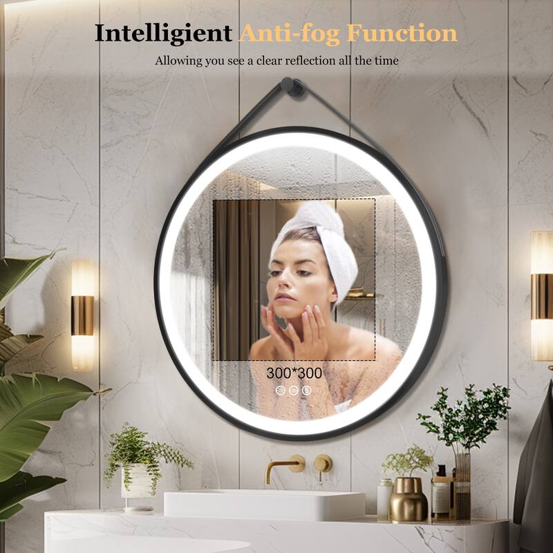 Round Black Framed Bathroom Mirrors Vanity Lighting with Microfiber Leather Hanging Strap