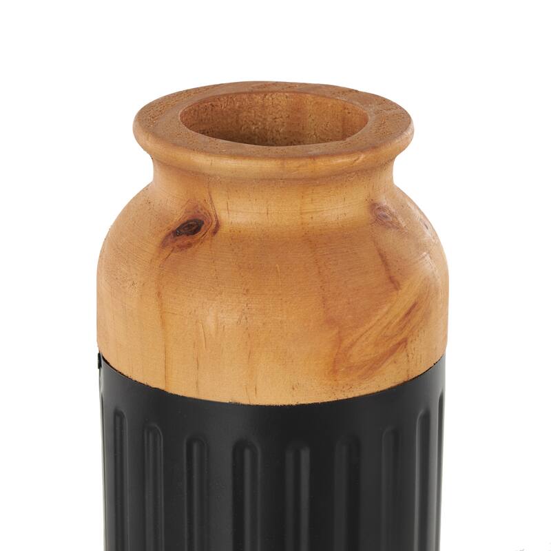 Metal Color Block Decorative Vase with Rounded Linear Grooves and Brown Wood Tops - Set of 2 Black - Roche River Decor
