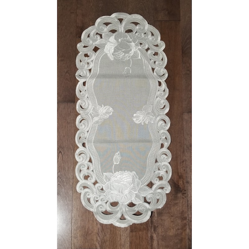 Silver Rose Embroidered Cutwork Rectangular Table Runner, 15 by 34 inch Table Linen Decor, Water Resistance - 15 x 34"