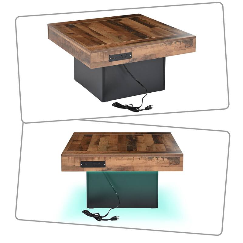 Farmhouse Rustic Coffee Table with USB Port and AC Outlet, LED Light, Non-Slip Feet for Living Room