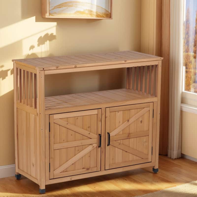 Outdoor Patio Storage Cabinet with Slatted Cedar, Wooden Patio Bar Table, Buffet Cabinet Sideboard Console Table