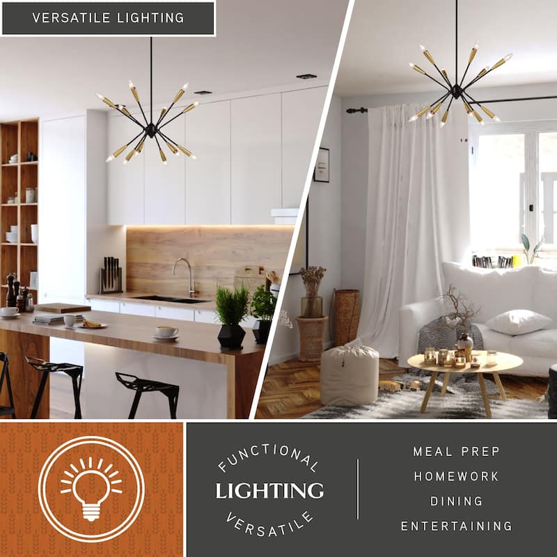 Ellis 12L Black and Brass Sputnik Mid-Century Modern Pendant Light - 25.25-in W x 23.75-in H x 25.25-in D