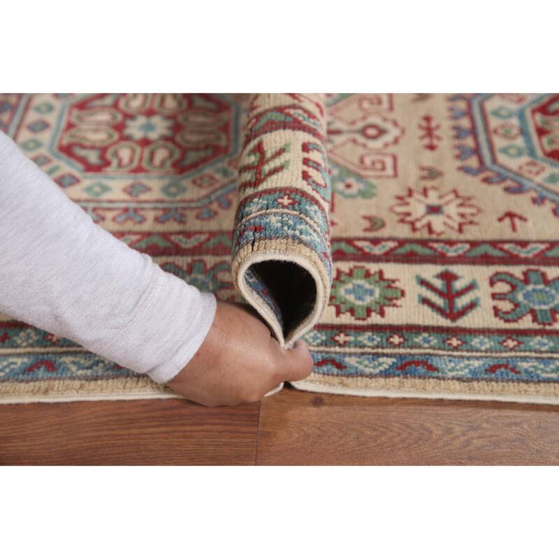 Hand Knotted Oriental 100% Wool Carpet Traditional Geometric Beige & Ivories Kazak Runner Rug - 12' 9'' X 2' 9''