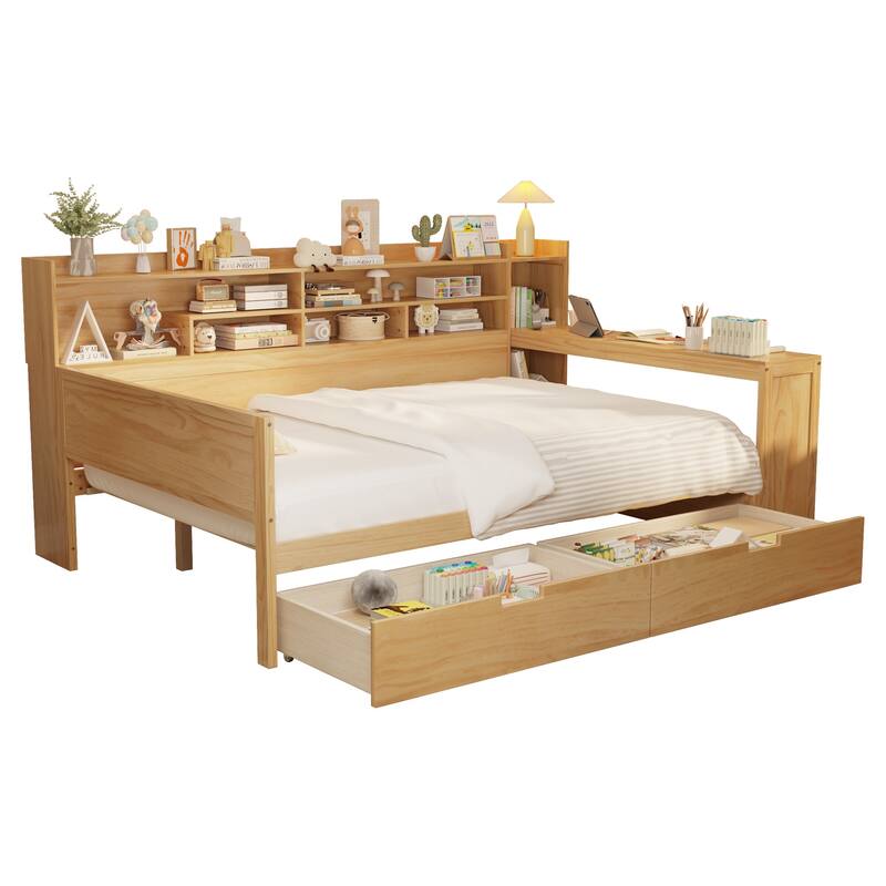 Full Size Daybed with Storage Shelves, Multi-functional Bed with Two Storage Drawers and Study Desk