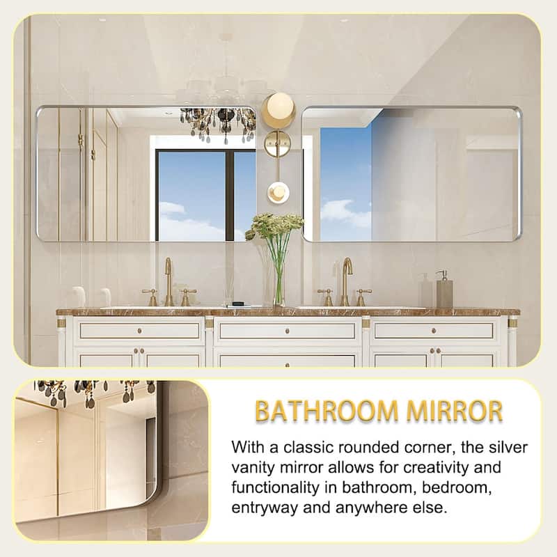 Glossy Brushed Silver Rounded Corner Rectangle Bathroom Mirror
